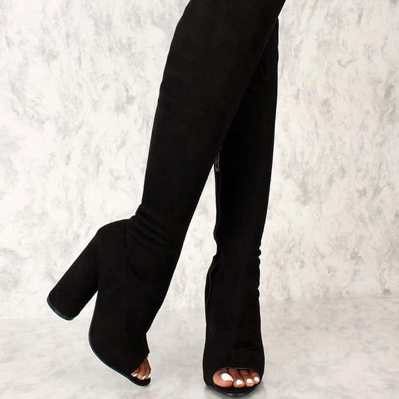 AMI Clubwear Sexy Black Open Toe Thigh High Boots Circle Chunky Heel Suede Review