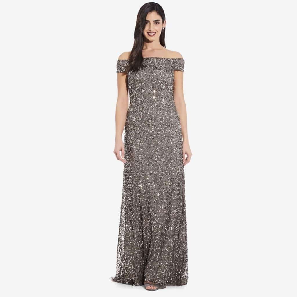 Adrianna Papell Off The Shoulder Sequin Beaded Gown Review