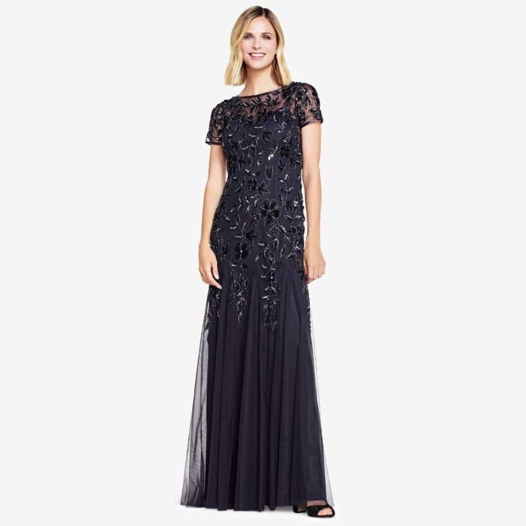 Adrianna Papell Hand Beaded Short Sleeve Floral Godet Gown Review