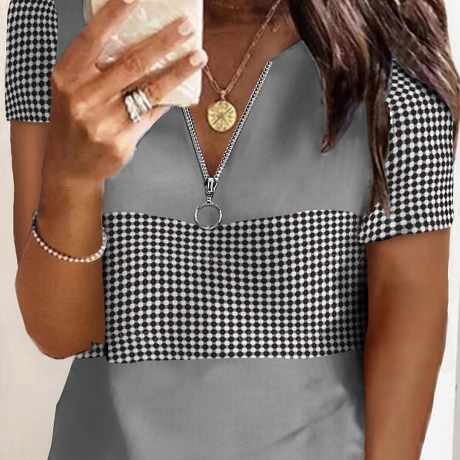 Holapick Women's Contrasting Check V-Neck Zip Short Sleeve T-Shirt Review