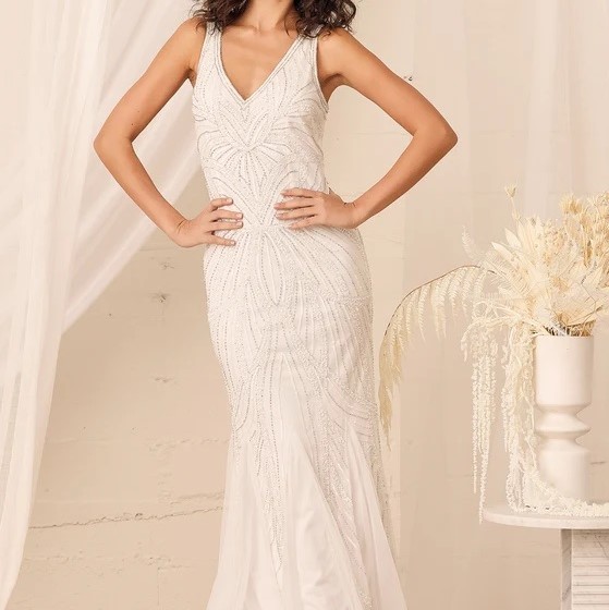 Lulus Make Them Marvel White Beaded Mermaid Maxi Dress Review