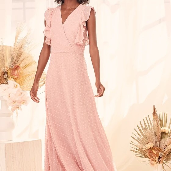 Lulus Sweetest Forever Rose Swiss Dot Surplice Ruffled Maxi Dress Review