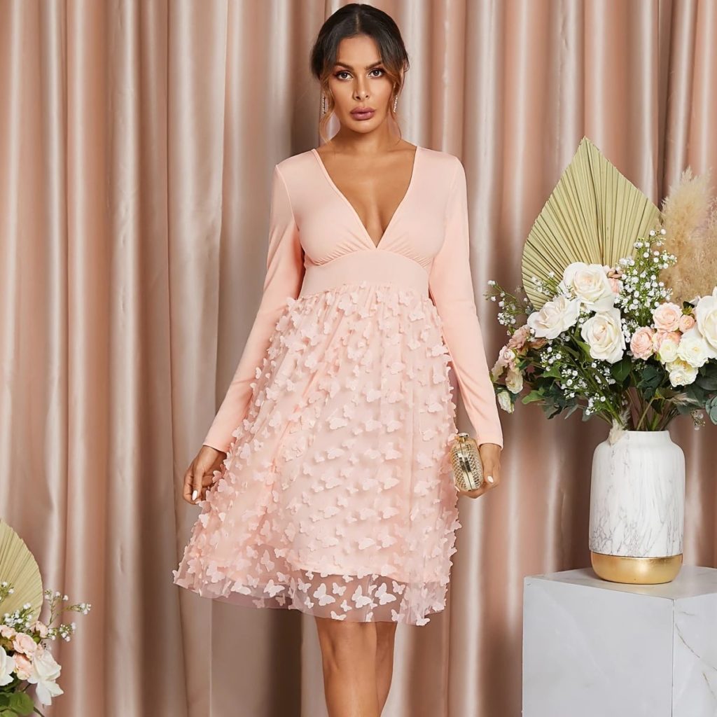 Yoins Pink Appliques Mesh V-Neck Midi Dress Review 