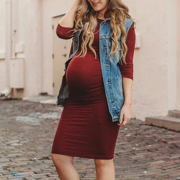 Popopie Maternity Solid Color Knitted Long Sleeve Midi Dress Review