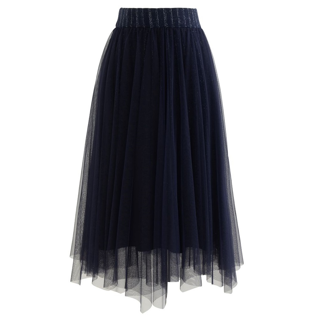 Chicwish Reversible Shimmer Line Mesh Tulle Skirt In Navy Review