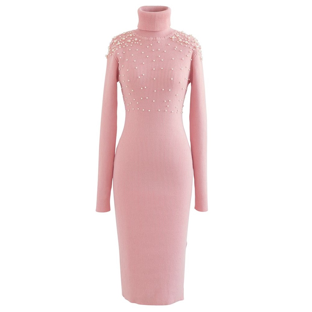 Chicwish Pearl Decorated Turtleneck Bodycon Knit Dress In Pink Review