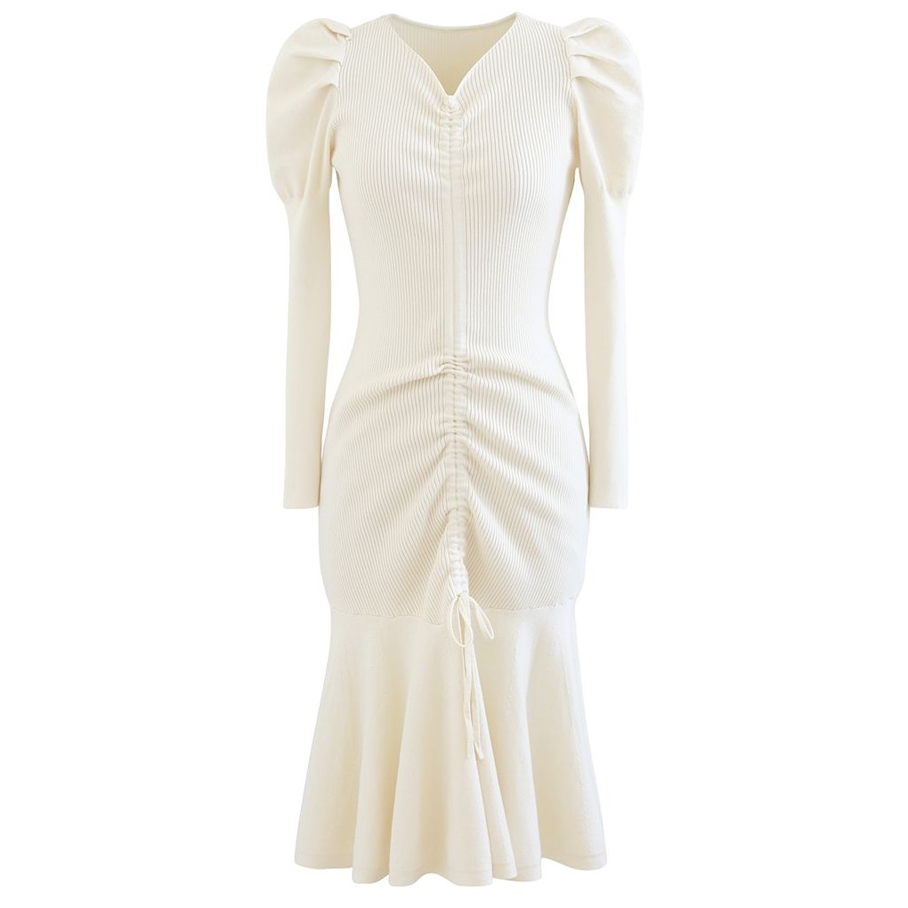 Chicwish Drawstring Front Frill Hem Knit Midi Dress In White Review