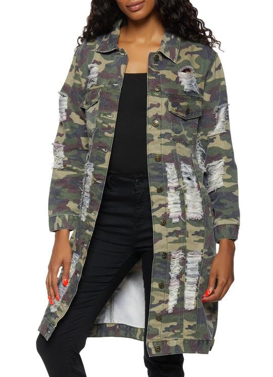 Rainbow Shops Camo Distressed Long Denim Jacket Review