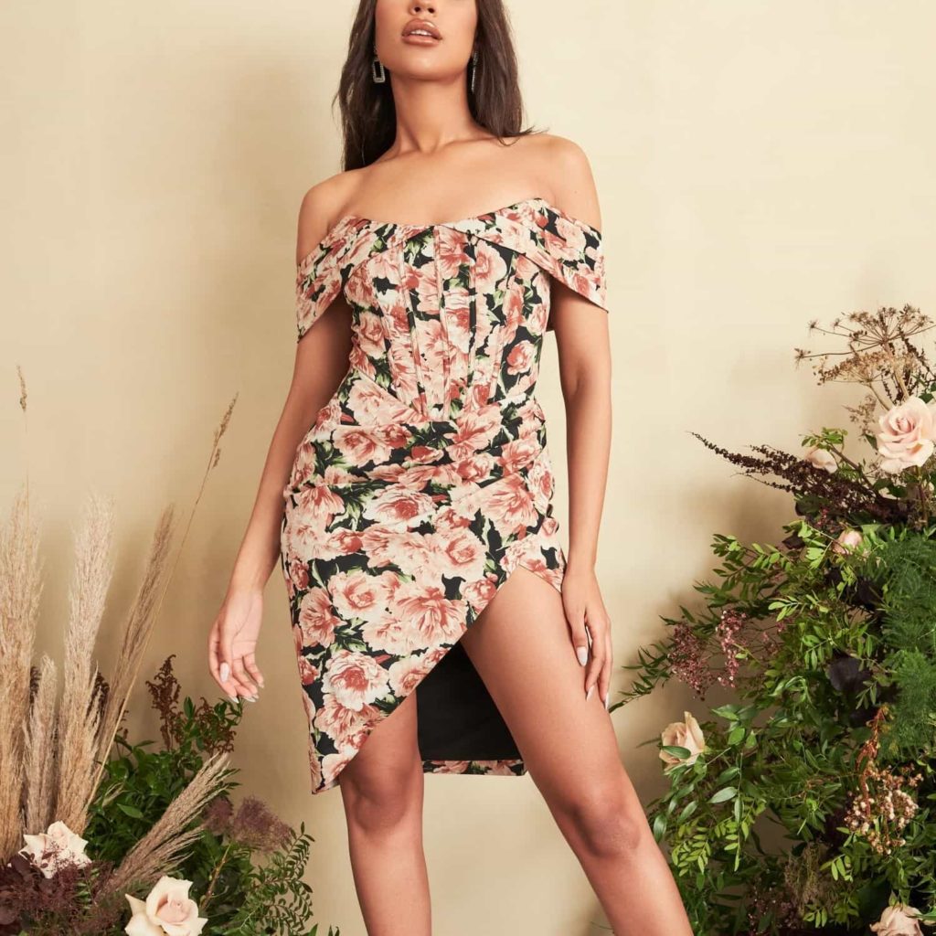 Lavish Alice Off Shoulder Bardot Wrap Midi Dress in Dark Floral Review
