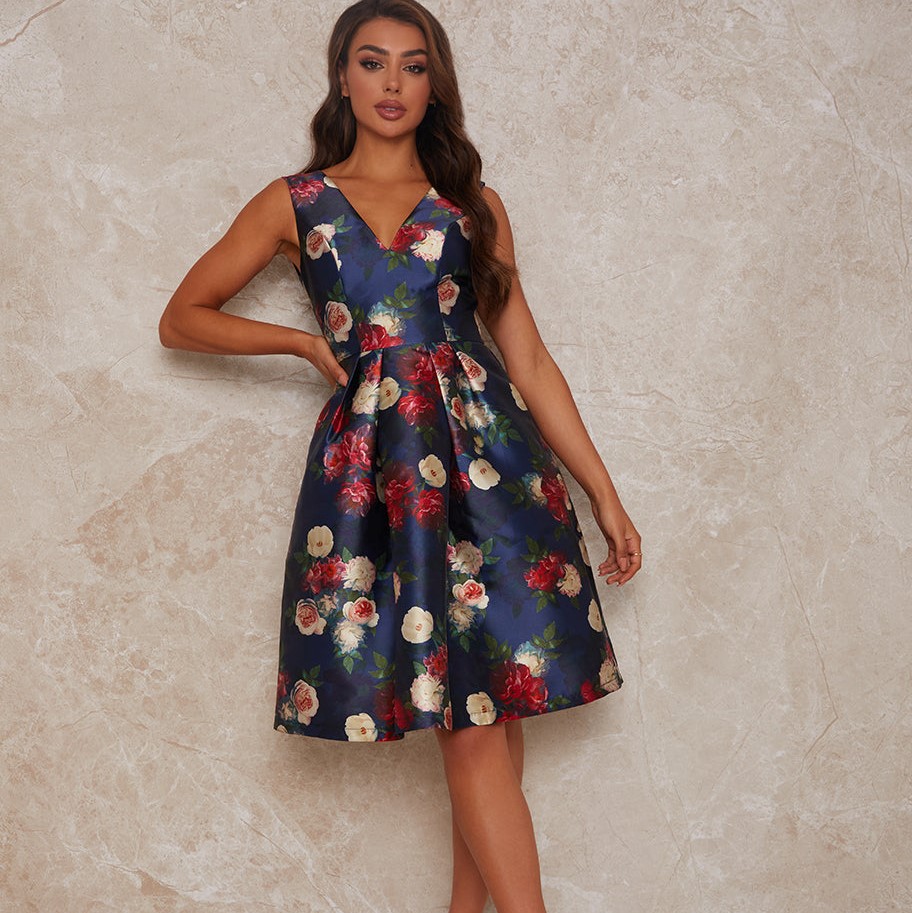 Chi Chi Clothing V Neck Floral Print Midi Skater Dress in Navy Review