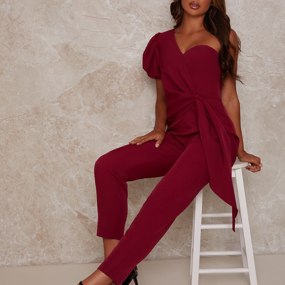 Chi Chi Clothing One Shoulder Puff Sleeve Jumpsuit in Berry Review