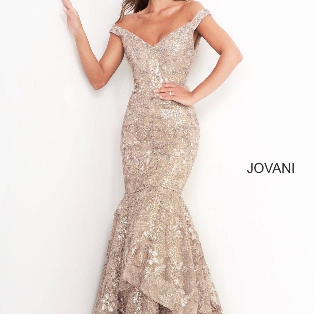 Jovani Dresses 03264 Taupe Off the Shoulder Mother of the Bride Dress Review