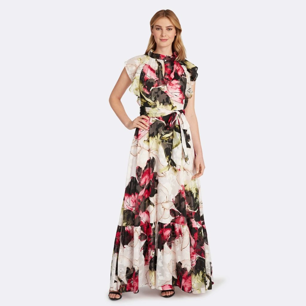 Tahari Ruffle Neck Evening Dress Review