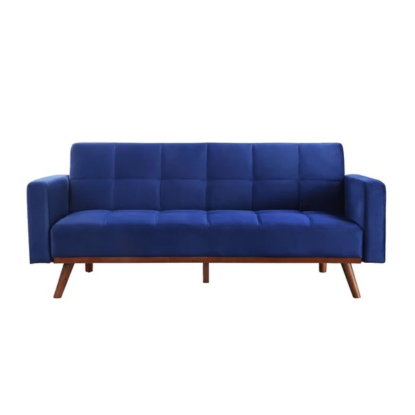 Azeneth Adjustable Sofa, Blue Velvet & Natural Finish