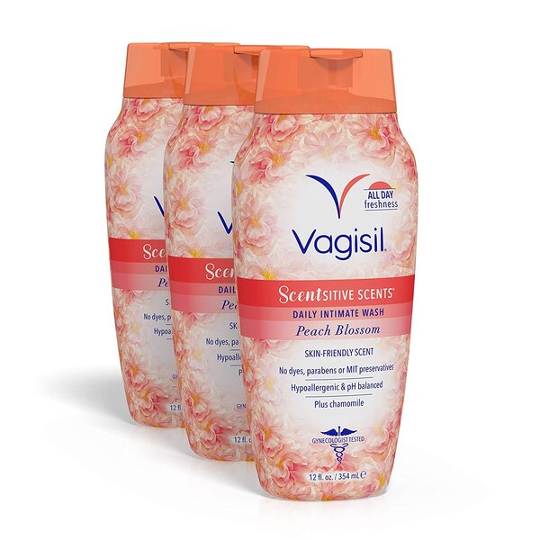 Vagisil Scentsitive Scents Daily Intimate Feminine Wash for Women - Peach Blossom, Gynecologist Tested, Fresh and gentle on skin, 12 Ounce, Pack of 3