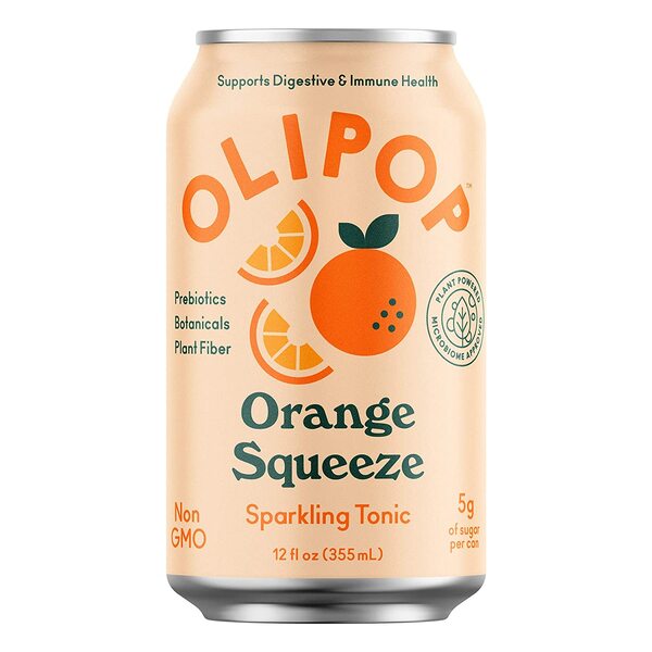 OLIPOP - Orange Squeeze Sparkling Tonic, Healthy Soda, Prebiotic Soft Drink, Aids Digestive Health & Immune Health, With Vitamin C & Plant Fiber, Caffeine Free, Low Calorie, Low Sugar (12 oz, 12-Pack)