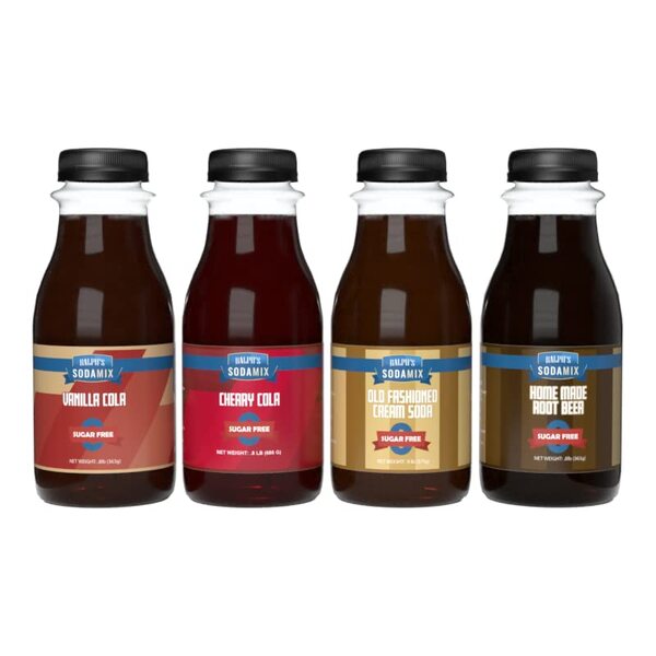 Ralph's 4 SUGAR FREE Diet Sparkling Water Soda Maker Flavors Pack | Cherry Cola | Root Beer | Vanilla Cola | Cream Soda | Four 12oz Bottles | Sodamix