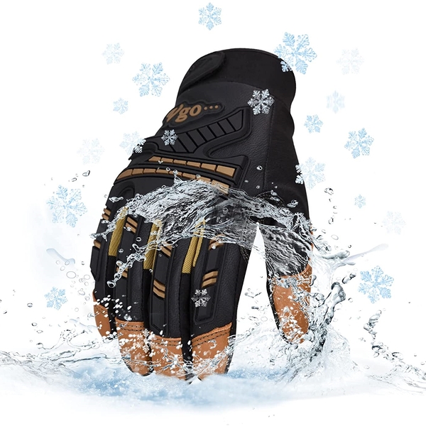 Vgo 1-Pair -4℉ or above Winter Waterproof High Dexterity Heavy Duty Mechanic Glove, Rigger Glove, Anti-vibration, Anti-abrasion, Touchscreen (Size L, Brown, GA8954FW)
