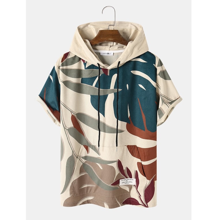 Newchic Mens Tropical Plant Print Corduroy Hooded T-Shirt Review