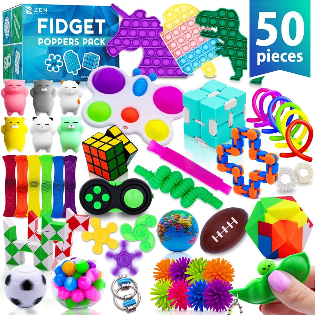 Zen Laboratory (50 Pcs) Fidget Poppers Popit Toy Pack Push Pop Bubble Popping Set It Mini Poppet Package Spinners, Infinity Cube Stress Relief Balls w Sensory Toys for Autistic ADHD Kids Girls