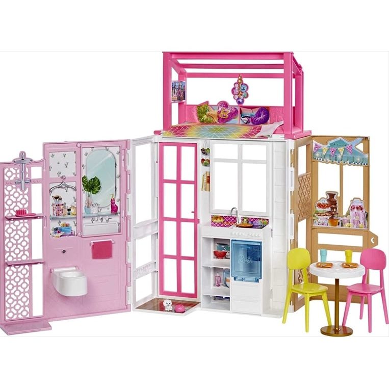 Barbie Dollhouse with 2 Levels & 4 Play Areas, Fully Furnished Barbie House with Pet Puppy & Accessories, Gift for Kids 3 Years Old and Up 