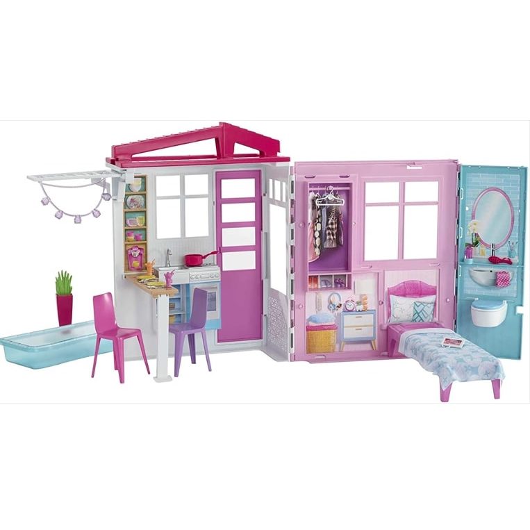 Barbie Dollhouse, Portable 1-Story Playset with Pool and Accessories, for 3 to 7 Year Olds [Amazon Exclusive]