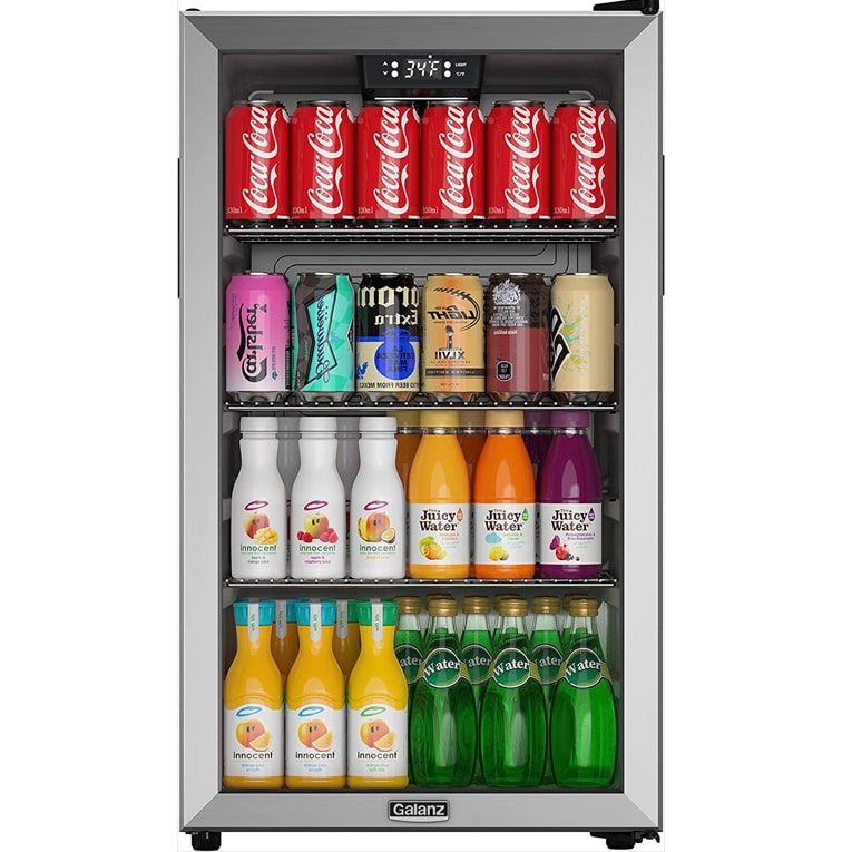 Galanz Beverage Refrigerator Cooler - 130 Can Mini Fridge with Reversible Glass Door & Adjustable Shelves for Soda Beer or Wine - Small Refrigerator for home office or Bar Stainless steel GLB36MS2F07