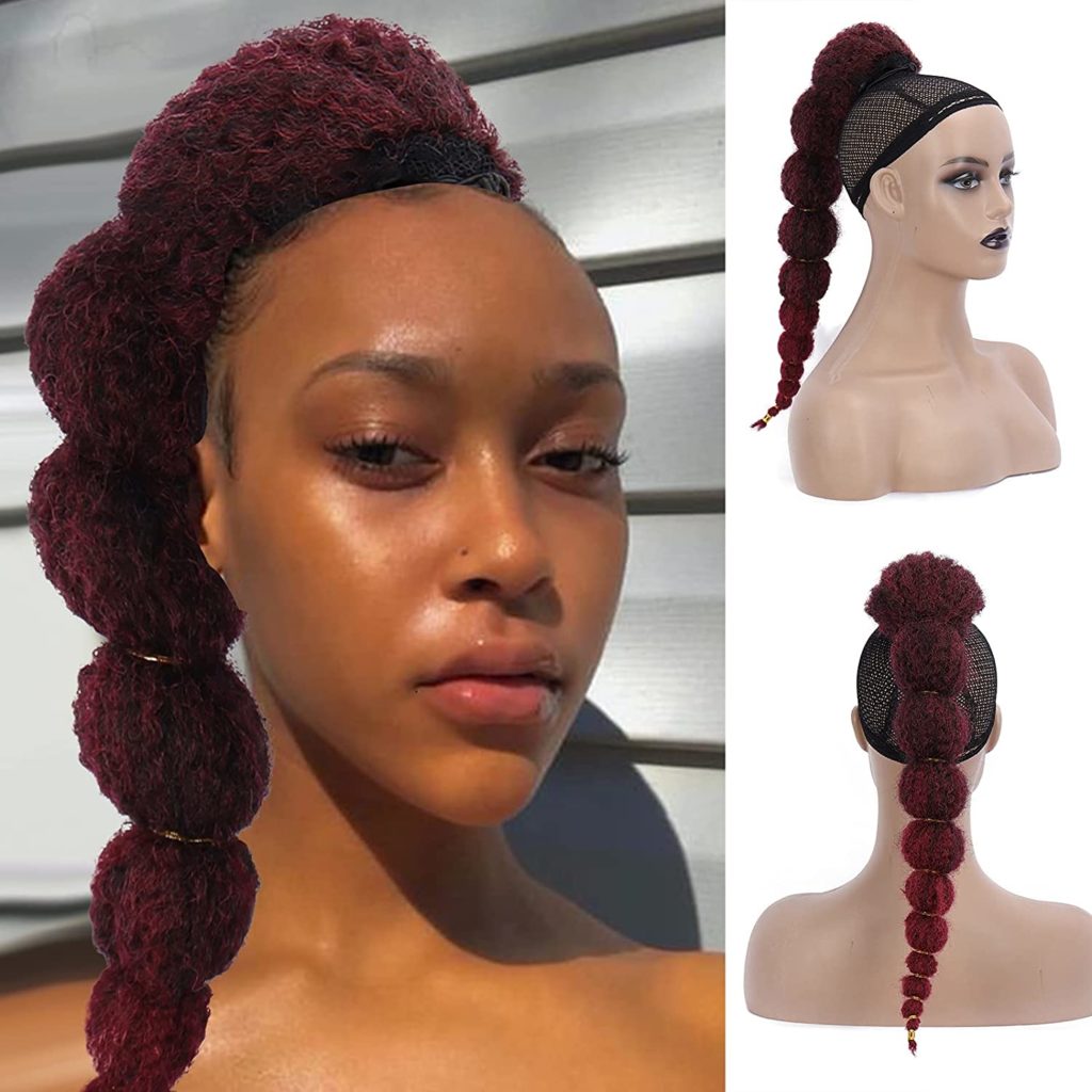 Long Textured Afro Puff Bubble Braid Ponytails for Women Wine Red Caterpillar Ponytail,KRSI Afro Puff Protective Style Kinky Curly Bubble Lantern Braid Drawstring Ponytail Extension For Women (1B/Bug)