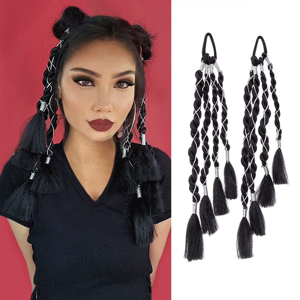 LEOSA Braided Ponytail with Rubber Band,Handmade Black Twisted Box Braid Ponytail Clip in Hair Extension 2 Pieces Set Short Braiding Pony tail Hair Extension Double Fishtail Braid Cornrow Hair Piece for Women 14 inches