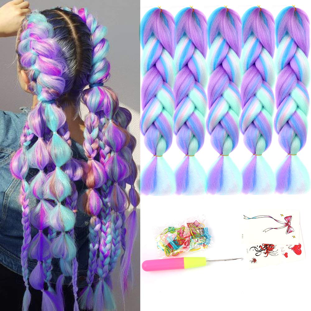 CliCling 4 Colors Mix Braiding Hair Extensions Jumbo Hair 5pcs/Lot 24 Inch Synthetic Colorful Braiding Hair Extension for Crochet Box Braids Twist Braiding Hair (PS18, Light Cyan/Pink/Purple/Green)