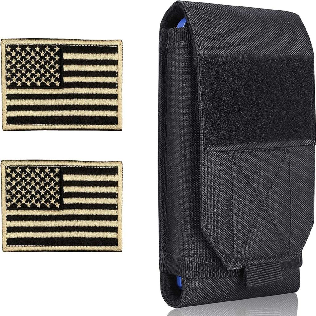 Heyqie Black Tactical Molle Cellphone Pouch Case,Heavy Duty Waterproof Phone Holster Bag for iPhone 11 12 13 Pro Max Samsung S22 S21 S20 FE Note 20 A02S Less 6.7" Phone with 2 Pack US Flag Patch