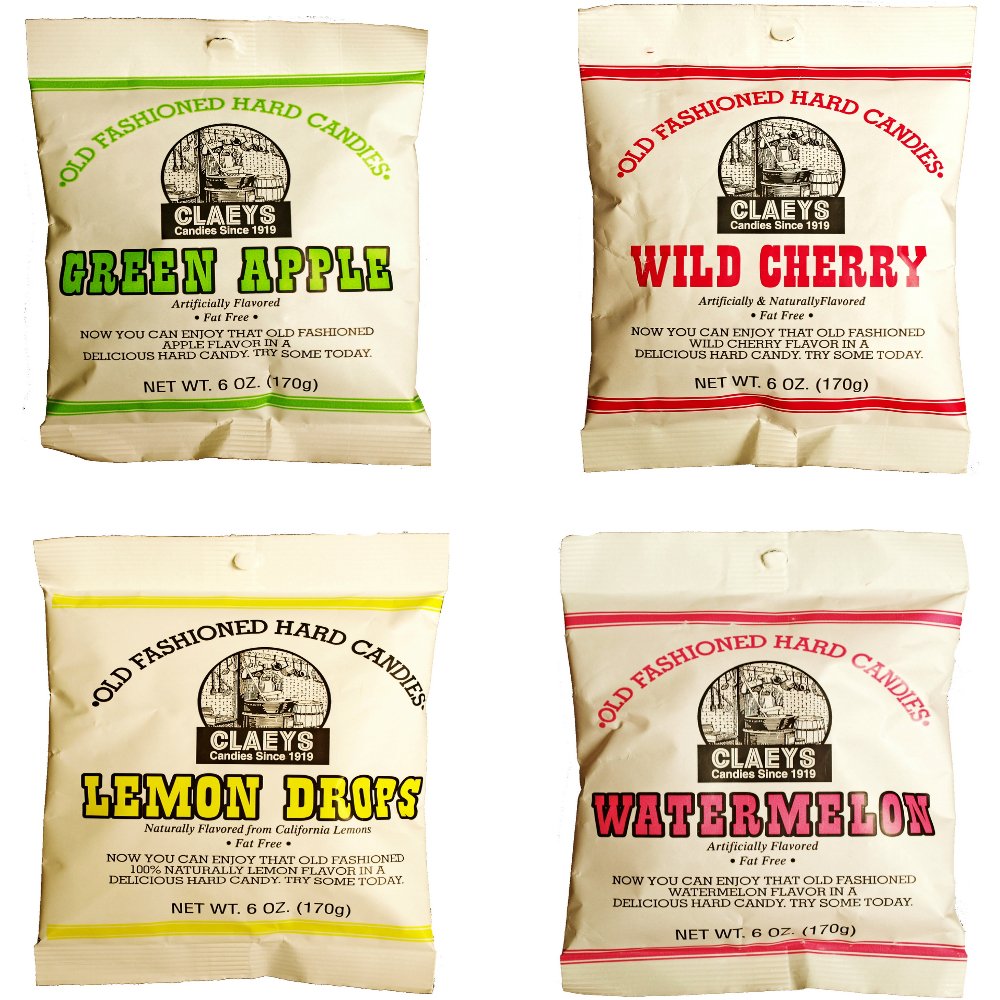 Claeys Old Fashioned Hard Candy - Variety 4 Pack - Apple, Cherry, Lemon, and Watermelon - Since 1919