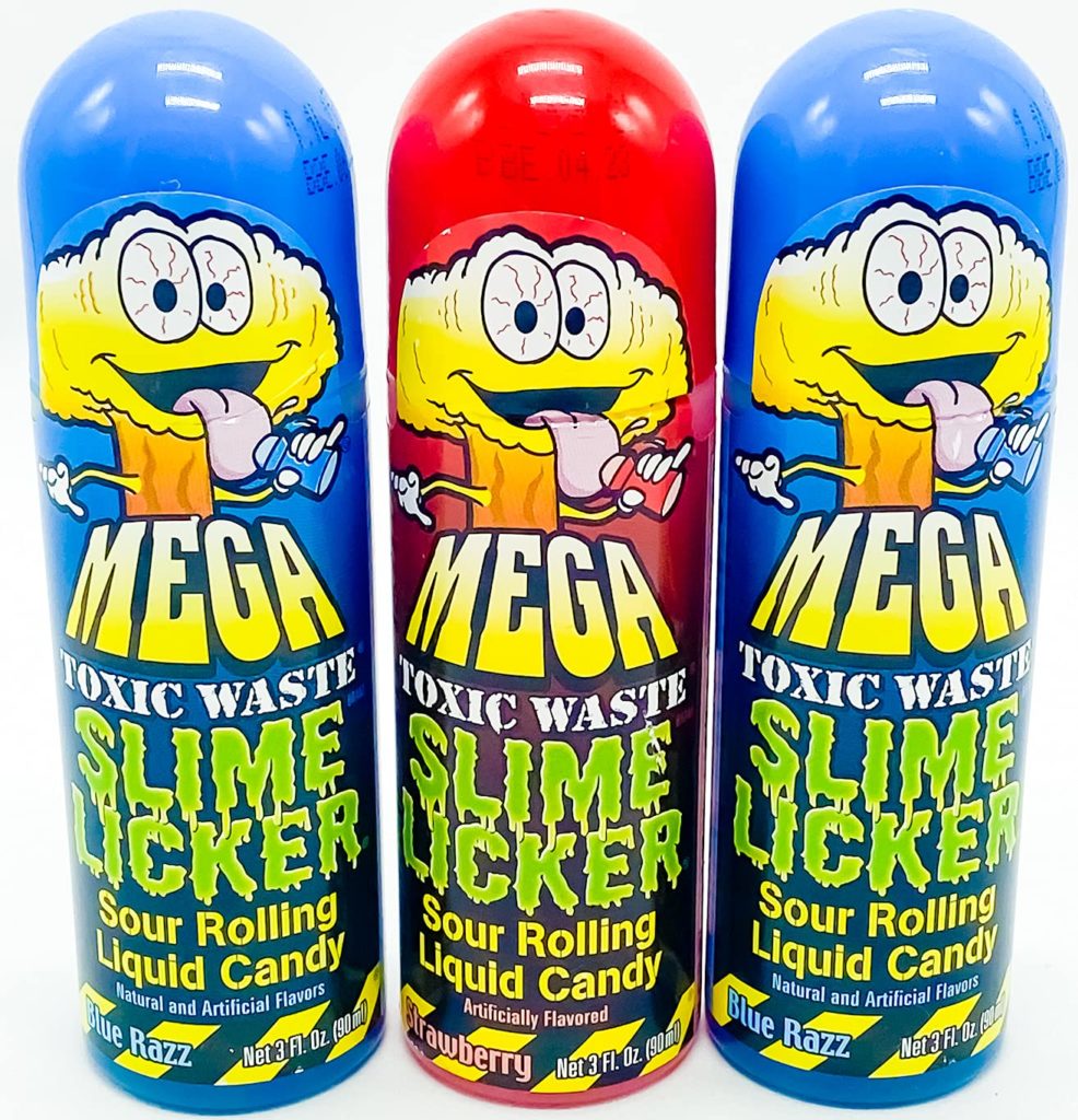 Slime Licker MEGA Size - 3-Pack of Sour Rolling Liquid Candy - ONE Red Strawberry and TWO Blue Razz Flavors - 3 Ounces Each Bottle - Toxic Waste - TikTok Challenge Trend
