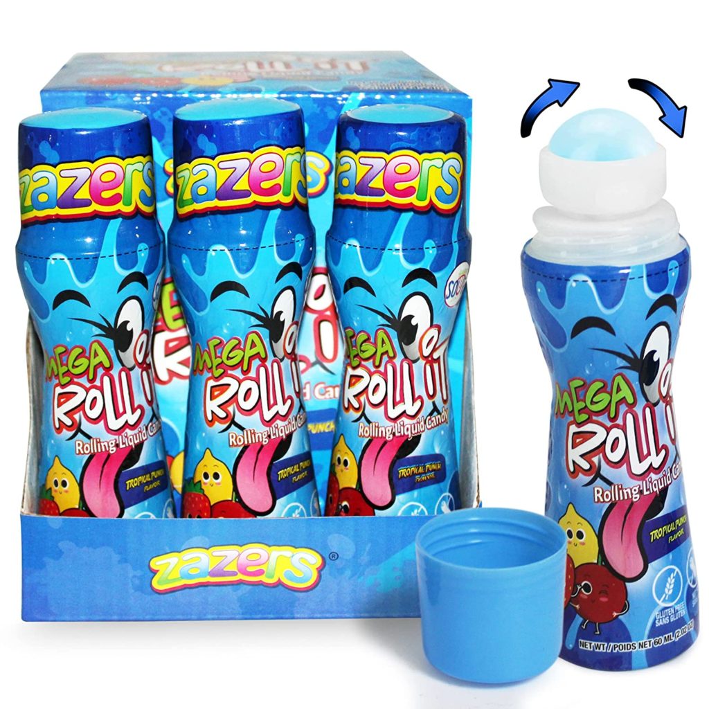 Mega Sour Licker Candy, Rolling Liquid Candy Tropical Punch Flavored - 12 Pack of 2.02 OZ Roll-It Bottles - Gluten-Free and Nut Free, (Kosher NET WT 24.24 OZ, 720ml)
