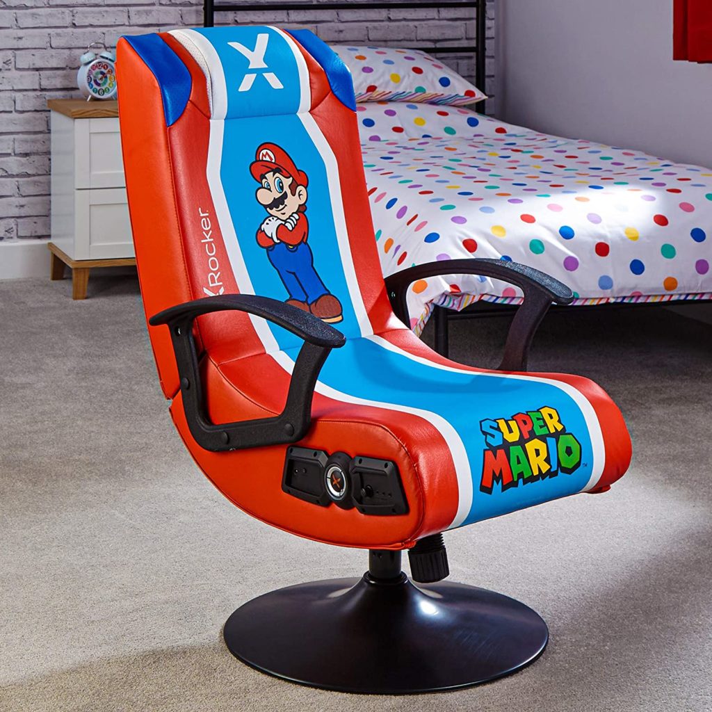 X-Rocker Officially Licensed Nintendo Super Gaming, Pedestal Folding Chair with 2.1 Audio Built-in – Mario-Red/Blue 1