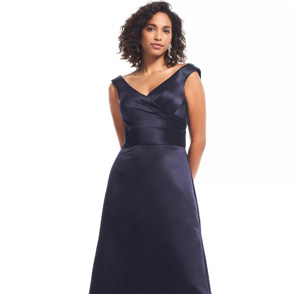 Bill Levkoff Euro Navy Euro Satin Off The Shoulder A-line Gown Review