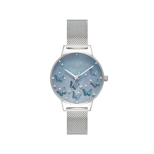 Olivia Burton Watches Pale Blue Mother Of Pearl Butterflies & Faux Pearl Midi Dial Silver Mesh Watch Review