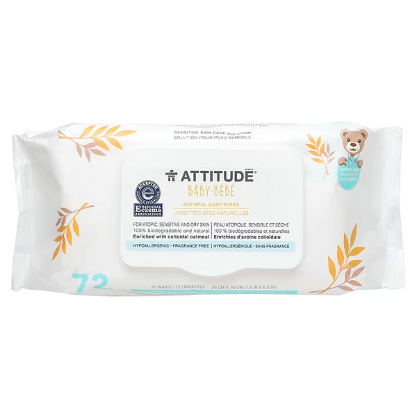 ATTITUDE, Baby, Natural Baby Wipes, Fragrance Free, 72 Wipes