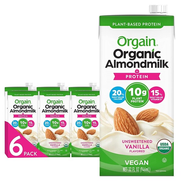 Orgain Organic Plant Based Protein Almond Milk, Unsweetened Vanilla - Non Dairy, Lactose Free, Vegan, Gluten Free, Soy Free, No Sugar Added, Kosher, Non-GMO, 32 Fl Oz (Pack of 6)
