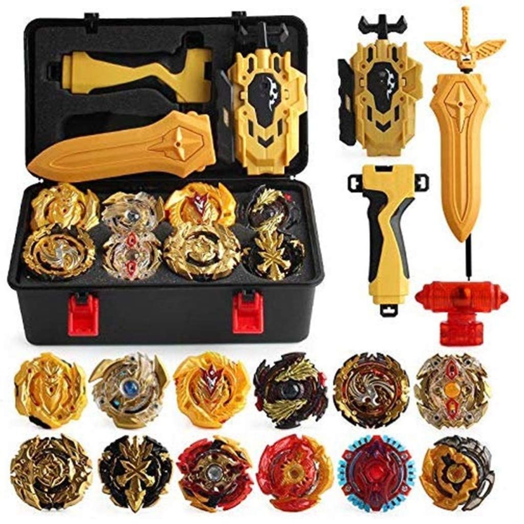 XIXIPOPOMT 12 Pcs Gyros Burst Turbo Gyros Top Evolution Metal Fusion Burst Gyro Toy Battle Gyro Battling Tops Game Set with 12 Spinning Top and 3 Launchers, Age 6+