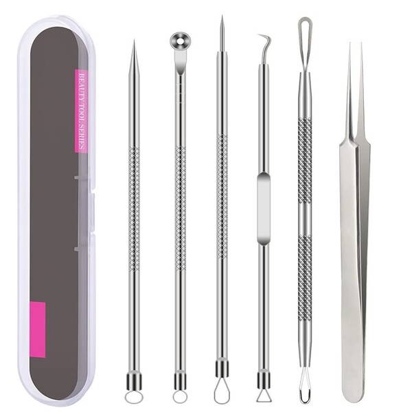 Pimple Popper Tool Kit , 6 Pcs Blackhead Remover Acne Needle Tools Set Removing Treatment Comedone Whitehead Popping Zit for Nose Face Skin Blemish Extractor Tool - Silver