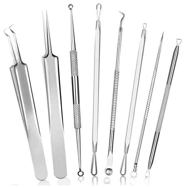 Fluco Blackhead Remover Pimple Popper Tool Kit, 8pcs Blackhead Comedone Extractor Tool for Nose Face, Blemish Whitehead Extraction Popping, Stainless Silver