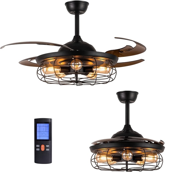 Siljoy 48'' Industrial Ceiling Fan with Lights, Black Retractable Ceiling Fan with Remote Control, Vintage Cage Ceiling Light Fixture for Dining Room Living Room Bedroom,5 E26 Bulbs Not Included