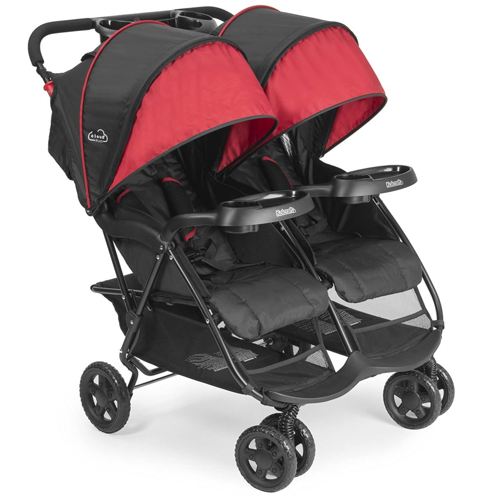 Kolcraft Cloud Plus Lightweight Double Stroller with Reclining Seats & Extendable Canopies, Red/Black