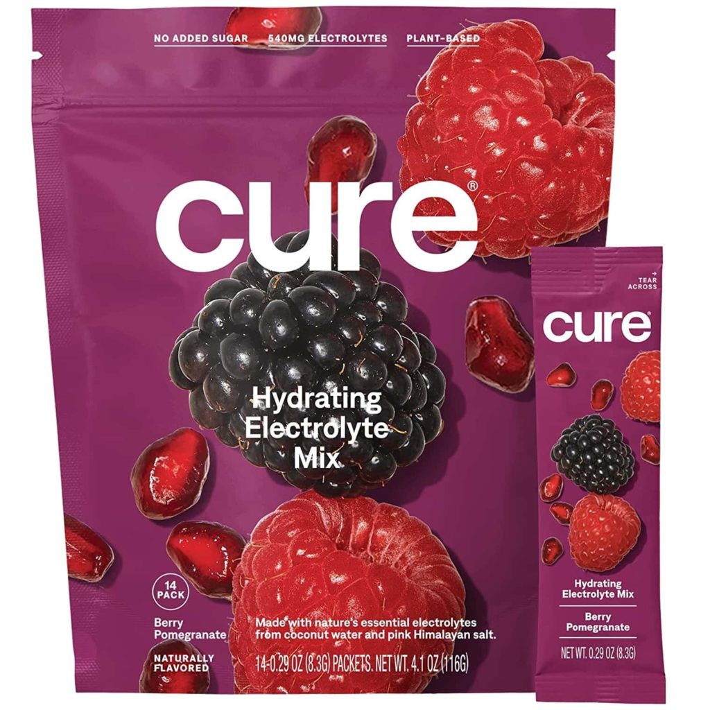 Cure Hydrating Electrolyte Mix | Electrolyte Powder for Dehydration Relief | Made with Coconut Water | No Added Sugar | Vegan | Paleo Friendly | Pouch of 14 Hydration Packets - Berry Pomegranate Flavor