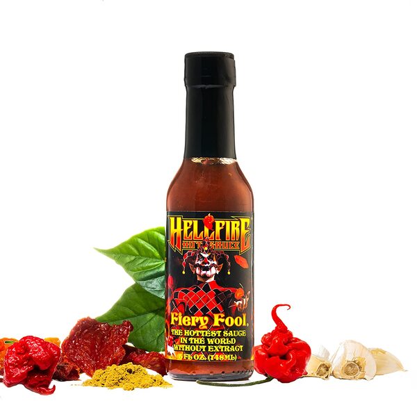 Hellfire Hot Sauce Fiery Fool, The Hottest Sauce in the World without Extract, FEATURED ON HOT ONES, this superhot sauce contains a pure mash ratio of over 80% of the hottest and most delicious peppers in the world, Award Winning, Gourmet, Artisan Hot Sauce, 5 oz.