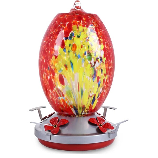 JALAMWANG Hummingbird Feeder for Outdoors Hanging, 25 Ounces , Hand Blown Glass, Leak Proof Rustproof, Containing Ant Moat, for Attract Hummingbird Garden Decoration etc(Red Phoenix)