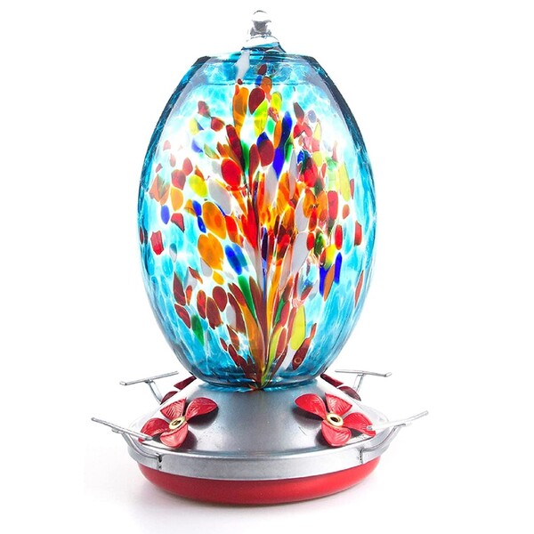  Muse Garden Hummingbird Feeder for Outdoors, Hand Blown Glass, 27 Ounces, Containing Ant Moat, Blue Fireworks