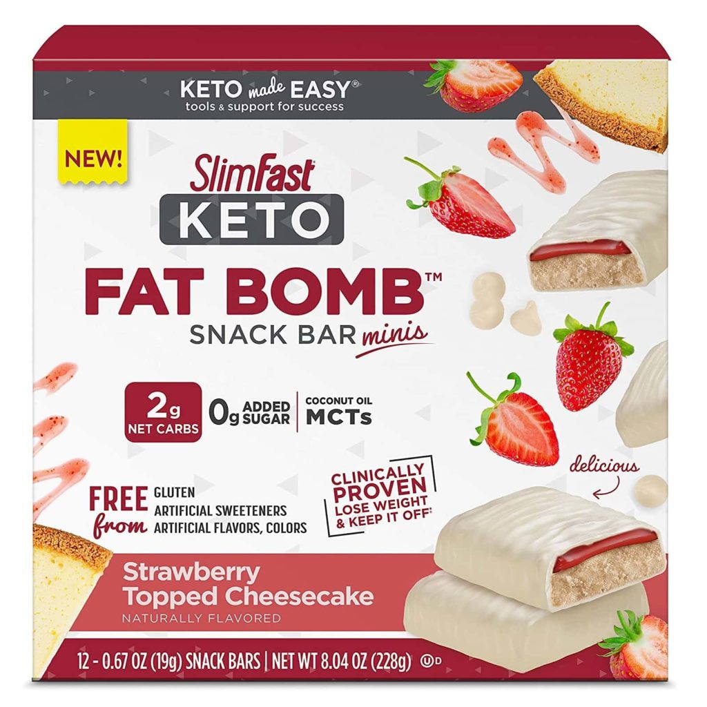 SlimFast Keto Fat Bomb Snack Bar Minis, Strawberry Topped Cheesecake, Keto Snacks for Weight Loss, Low Carb with 0g Added Sugar, 12 Count Box