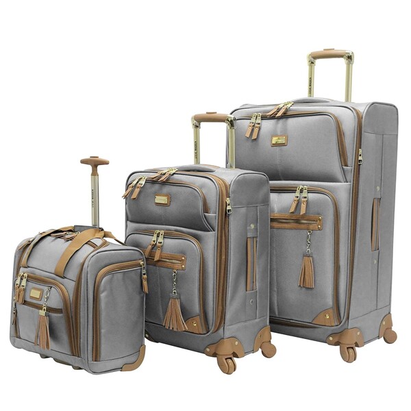 Steve Madden Designer Luggage Collection- 3 Piece Softside Expandable Lightweight Spinner Suitcases- Travel Set includes Under Seat Bag, 20-Inch Carry on & 28-Inch Checked Suitcase (Harlo Gray)
